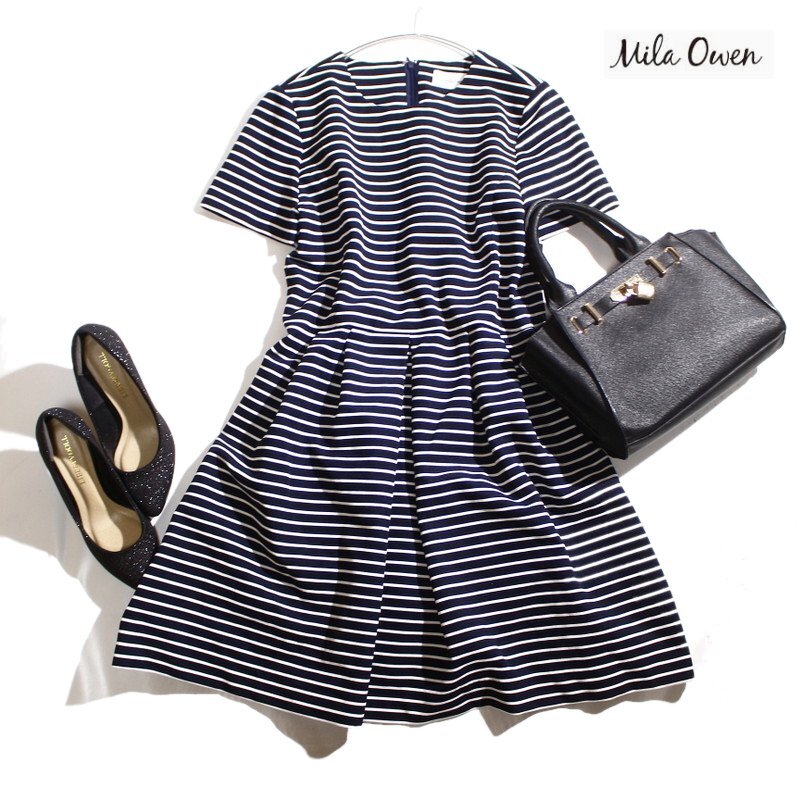 美品 Mila Owen ミラ オーウェン 夏 楽ちん 可愛い 半袖 ジャージ― ボーダー 柄 ワンピース 1 ネイビー 紺 ホワイト 白 アーバンリサーチ拍卖