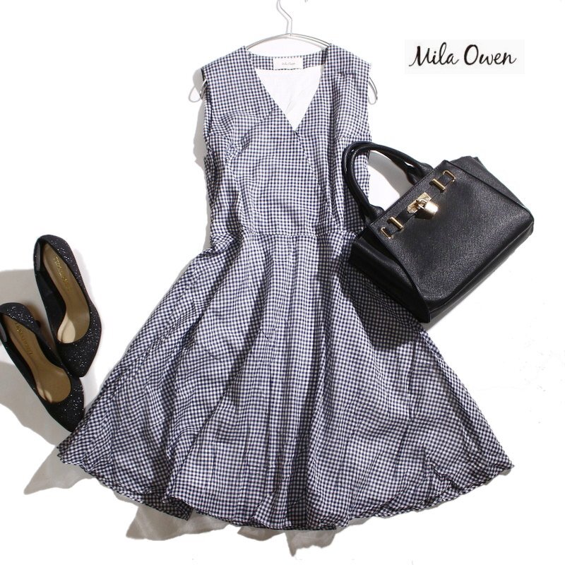 美品 Mila Owen ミラ オーウェン 夏 可愛い 格子柄 Vネック ノースリーブ ワンピース F ネイビー 紺 ホワイト 白 アーバンリサーチ拍卖