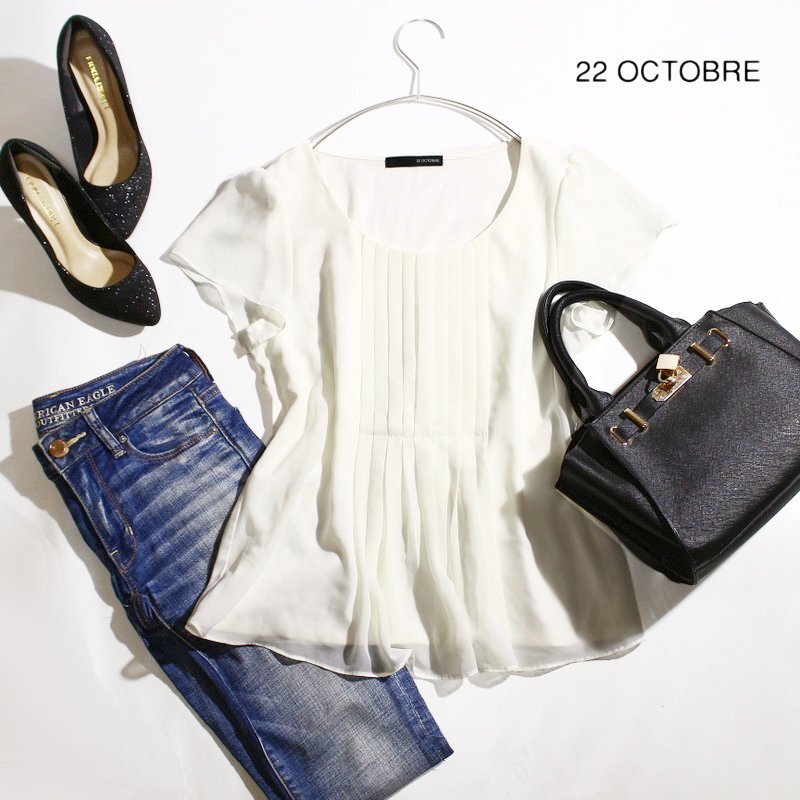 美品 22オクトーブル 22 OCTOBRE 株) 東京スタイル 夏 半袖 シフォンカットソー フォーマル インナー ブラウス 9号 2 ホワイト 白 オフィス拍卖