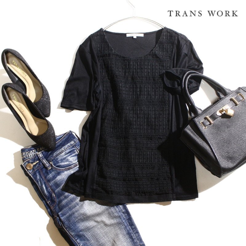 TRANS WORK トランスワーク 株) 三陽商会 夏 刺繍レース 半袖 Tシャツ カットソー 9号 38 ブラック 黒 ミセス タイト オフィス 通勤拍卖