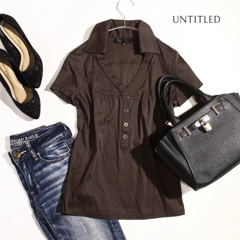 美品 アンタイトル UNTITLED 株) ワールド 夏 ハリ 艶 ストレッチ Tシャツ素材 襟 半袖 スキッパー カットソー 9号 2 ダークブラウン 通勤拍卖