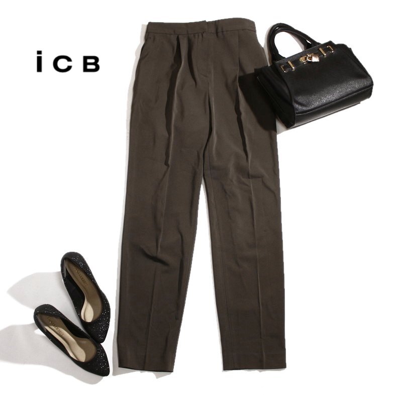 美品 ICB アイシービー 株) オンワード樫山 春 夏 防シワ 速乾 洗える ストレッチ ジャージ― イージー テーパードパンツ 11号 ブラウン拍卖