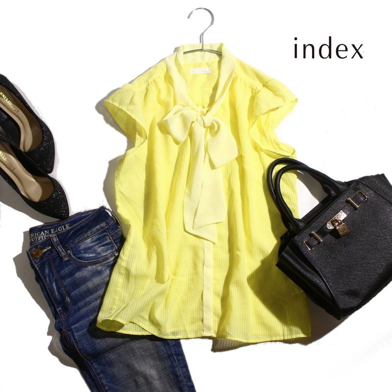 美品 index インデックス 株) ワールド 夏 きれい色 シャドー ストライプ柄 シフォン ボウタイ リボン 半袖 ブラウス シャツ M イエロー拍卖