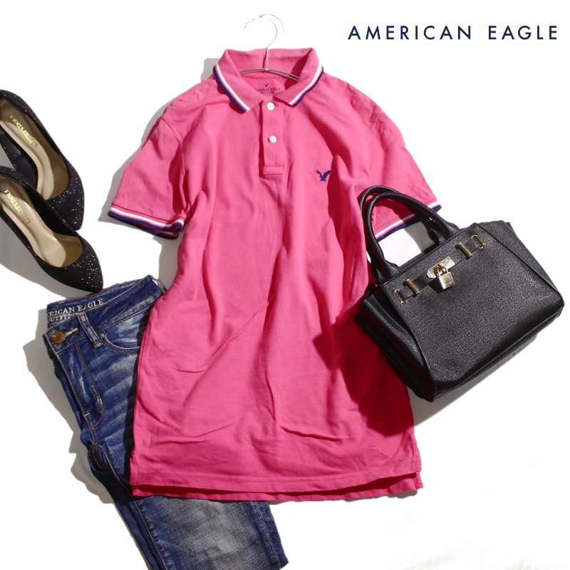 美品 American Eagle アメリカンイーグル 夏 ロゴ刺繍 半袖 ポロシャツ XS 濃い ピンク カジュアル アメリカ アメカジ拍卖