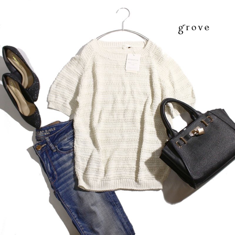 未使用 新品 grove 株) ワールド 夏 キラキラ ラメ ざっくり レース編み サマーニットカットソー 半袖 カットソー M ホワイト 白 ゴールド拍卖