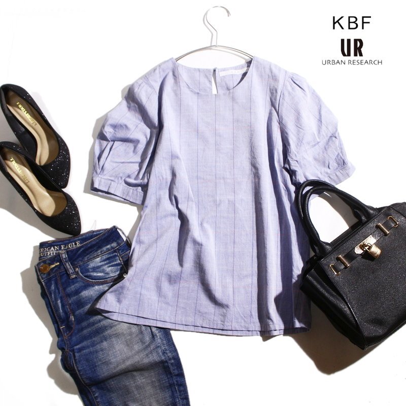 美品 KBF ケービーエフ URBAN RESEARCH アーバンリサーチ 夏 カラフル 格子柄 シャツ生地 半袖 カットソー デニム ブルー ブラウス 可愛い拍卖
