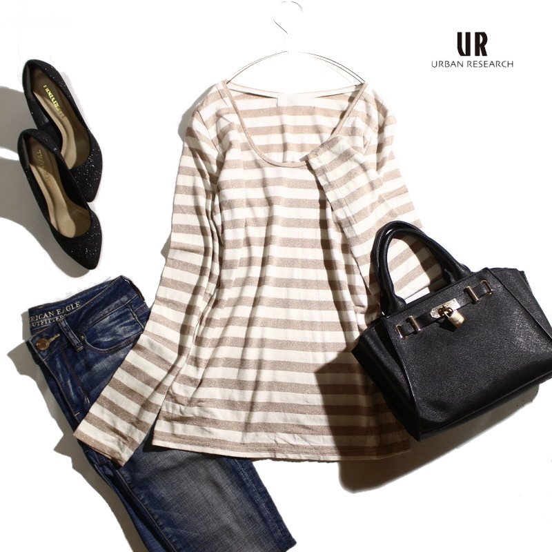 美品 URBAN RESEARCH アーバンリサーチ 春 夏 ラメ ボーダー 柄 丸首 長袖Tシャツ カットソー F ベージュ ホワイト 白 カジュアル拍卖