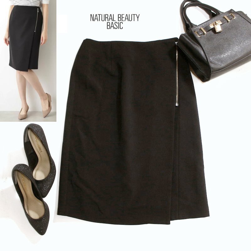 美品 ナチュラルビューティーベーシック 合物 通年 綺麗め スーツ ジャージ― サイドZIP タイトスカート M ブラック 黒 オフィス 通勤 上品拍卖