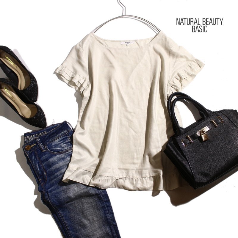 美品 ナチュラルビューティーベーシック NATURAL BEAUTY BASIC 夏 艶 オーガンジー シャツ生地 半袖 カットソー L ベージュ ホワイト 通勤拍卖