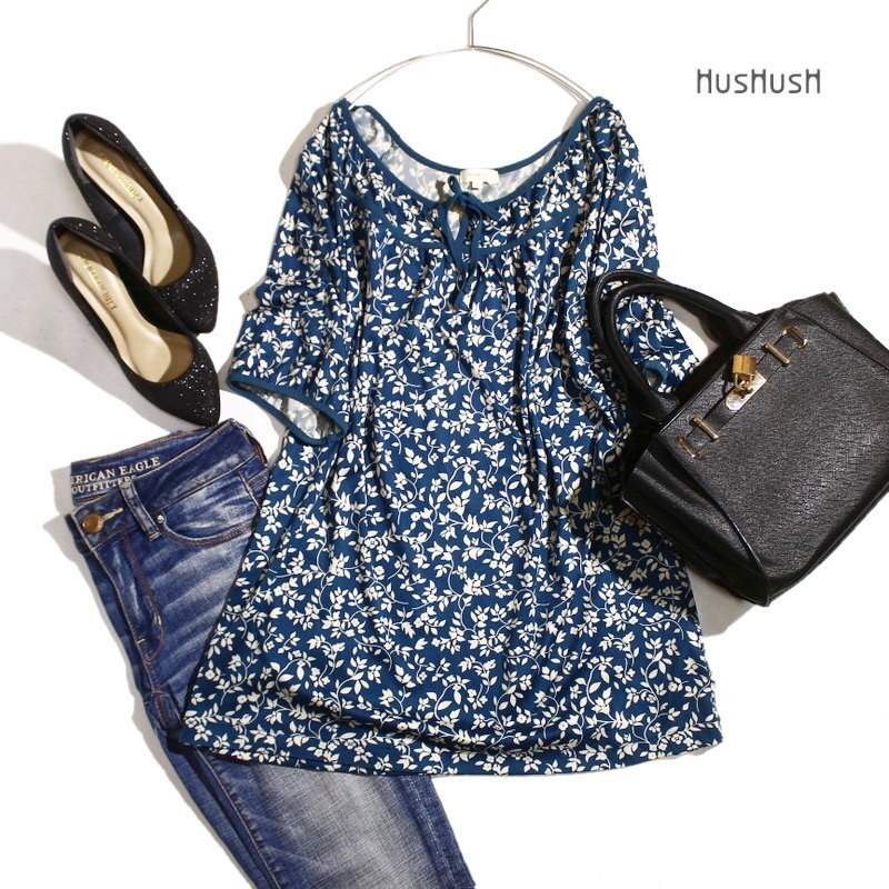 美品 ハッシュアッシュ HusHusH 株) ワールド 影 フラワー プリント ジャージ― ロング丈 チュニック カットソー 青緑 2 ロングカットソー拍卖