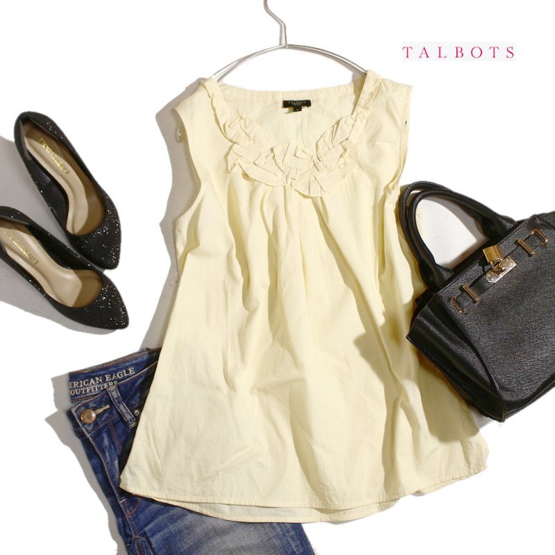 美品 タルボット TALBOTS 夏 シャツ生地 フリル デザイン ノースリーブカットソー ブラウス M 薄い イエロー 黄色 カットソー オフィス拍卖