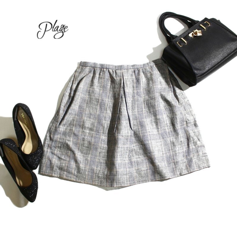 美品 Plage プラージュ 株) ル ドーム 麻100% リネン グレンチェック 柄 フレアスカート 36 S ホワイト 白 ブラック 黒 ブラウン スカート拍卖