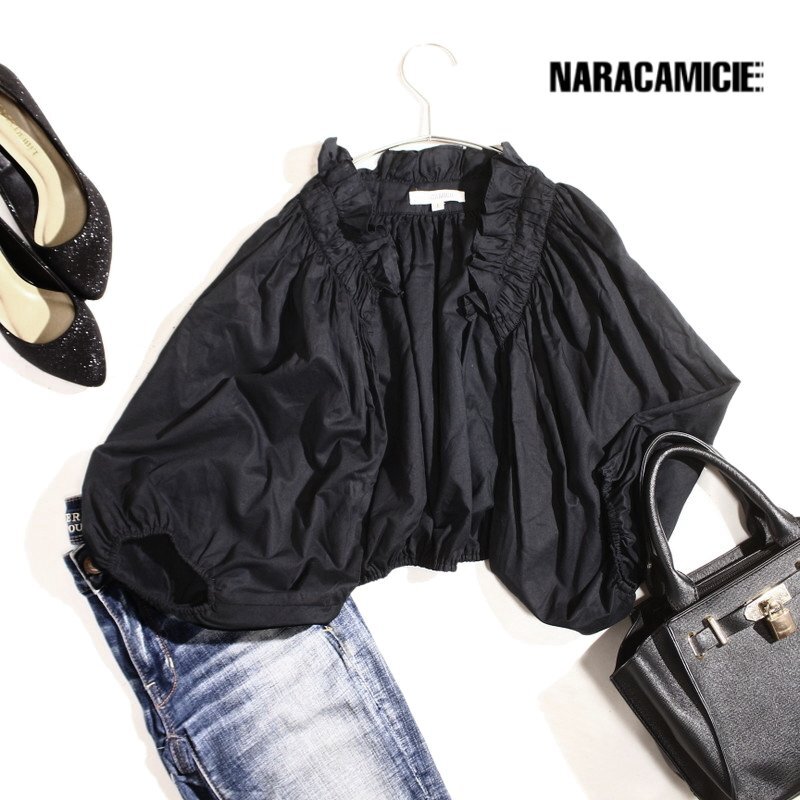 美品 ナラカミーチェ NARACAMICIE 春 夏 薄手 コットン シャツ生地 ギャザー ジャケット 羽織 カーディガン I ブラック 黒 オフィス 通勤拍卖