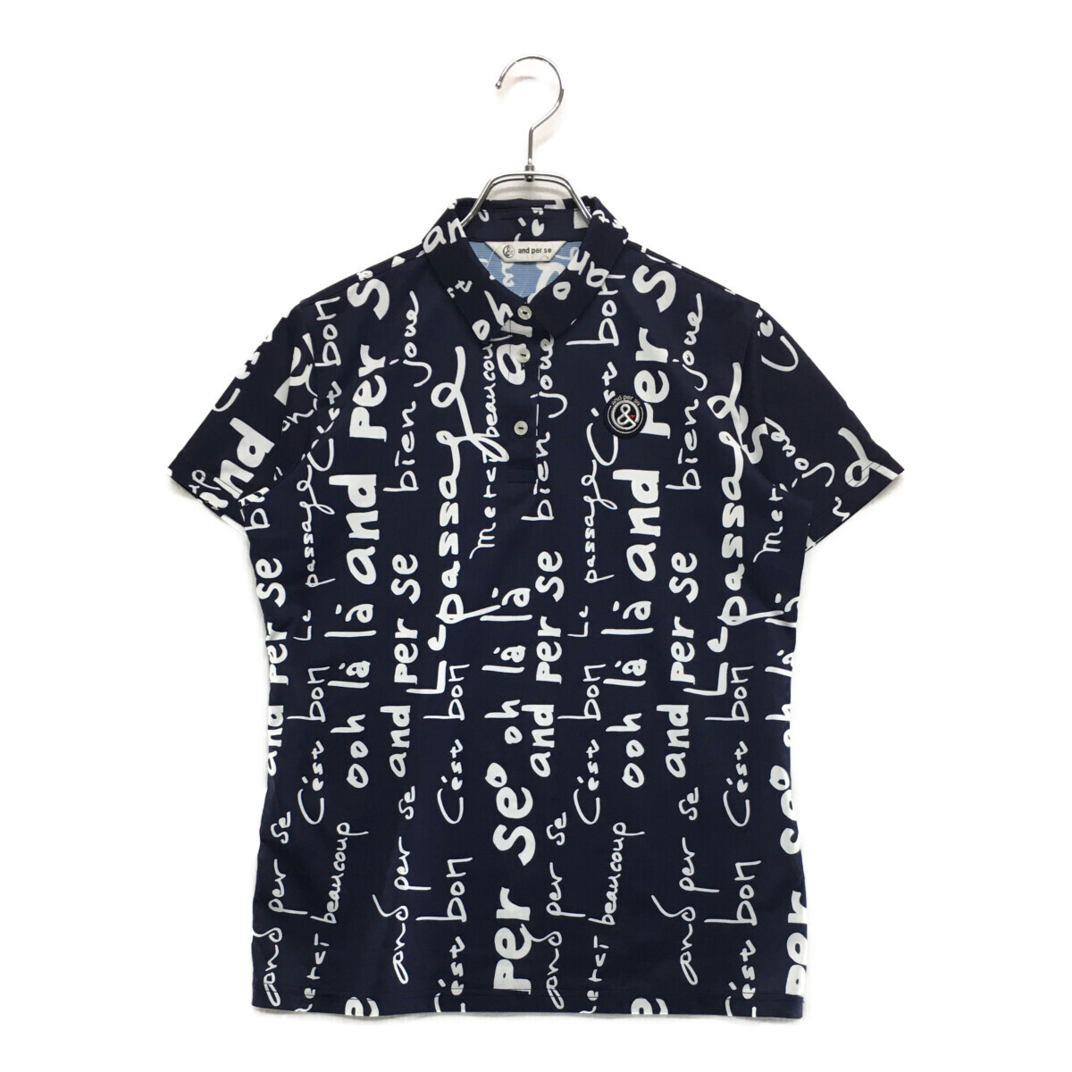 coco 中古【SALE】アンパスィ and per se レディース 半袖ポロシャツ L 紺 ネイビー 薄手 総柄 ネコパケ発送可 99134拍卖