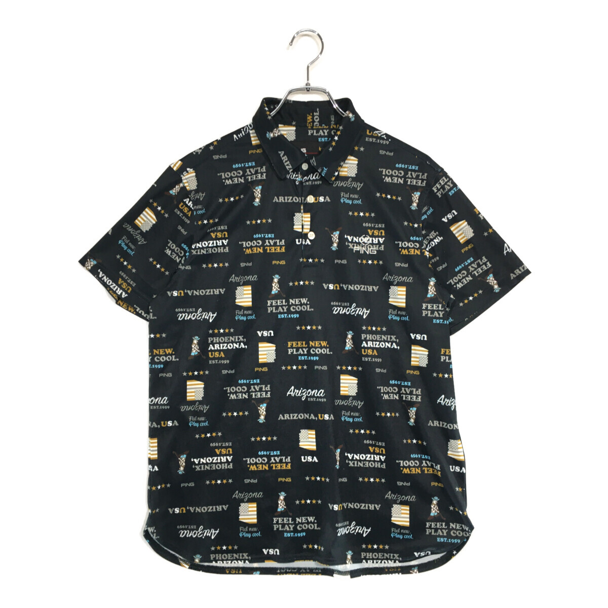 coco 中古【値下げ】 ピン PING メンズ 半袖ポロシャツ LL 紺 ネイビー 総柄 レターパックプラス発送可 99977拍卖