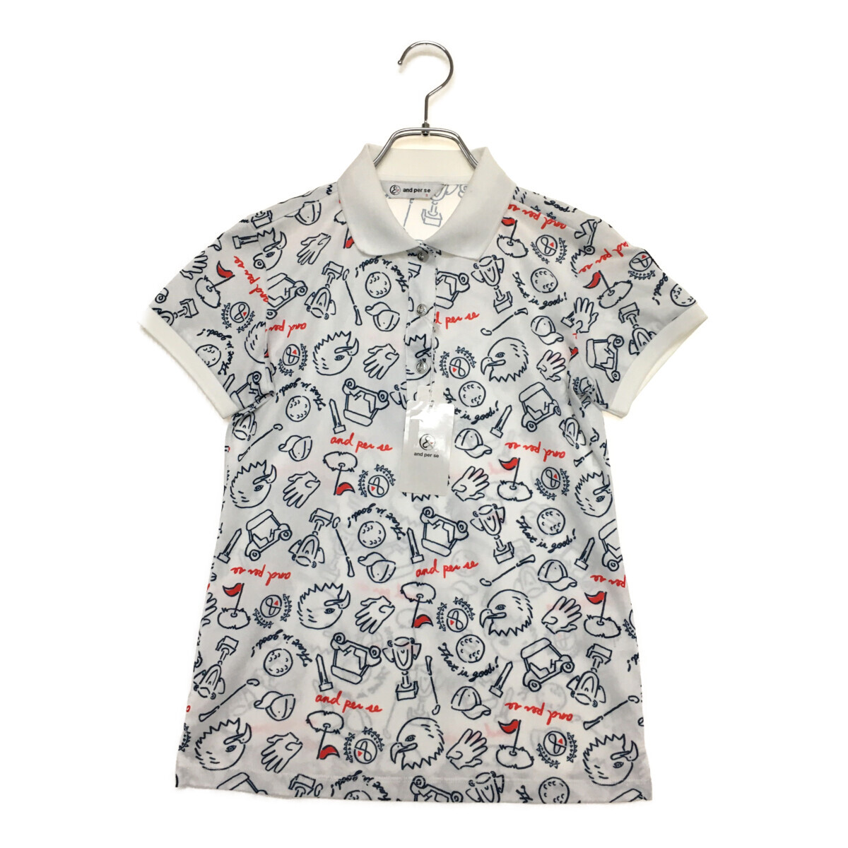 coco 未使用品【SALE】アンパスィ and per se レディース 半袖ポロシャツ S 白 ホワイト 総柄 吸水速乾 ネコパケ発送可 114540拍卖