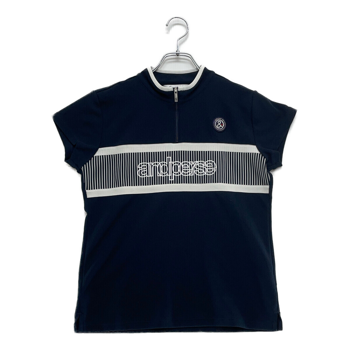 coco 中古【SALE】アンパスィ and per se レディース 半袖シャツ L 紺 ネイビー ハーフジップ ネコパケ発送可 99128拍卖