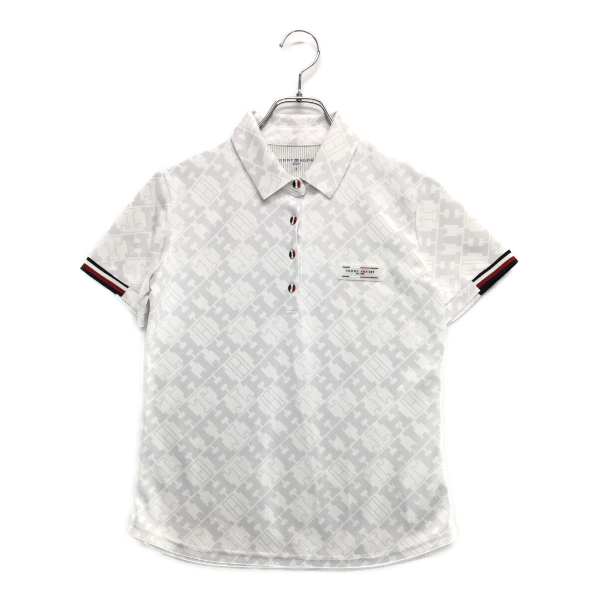 coco 中古【SALE】トミーヒルフィガーゴルフ レディース 半袖ポロシャツ S 白×グレー ホワイト ロゴ総柄 ネコパケ発送可 99295拍卖