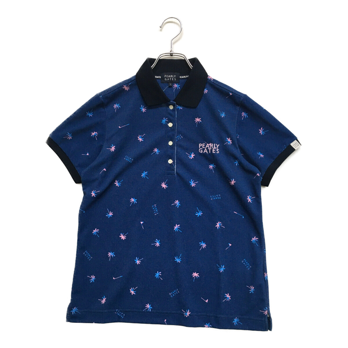 coco 中古【値下げ】 パーリーゲイツ PEARLY GATES レディース 半袖ポロシャツ 1(M) ネイビー系 ヤシ柄 ネコパケ発送可 K4557拍卖