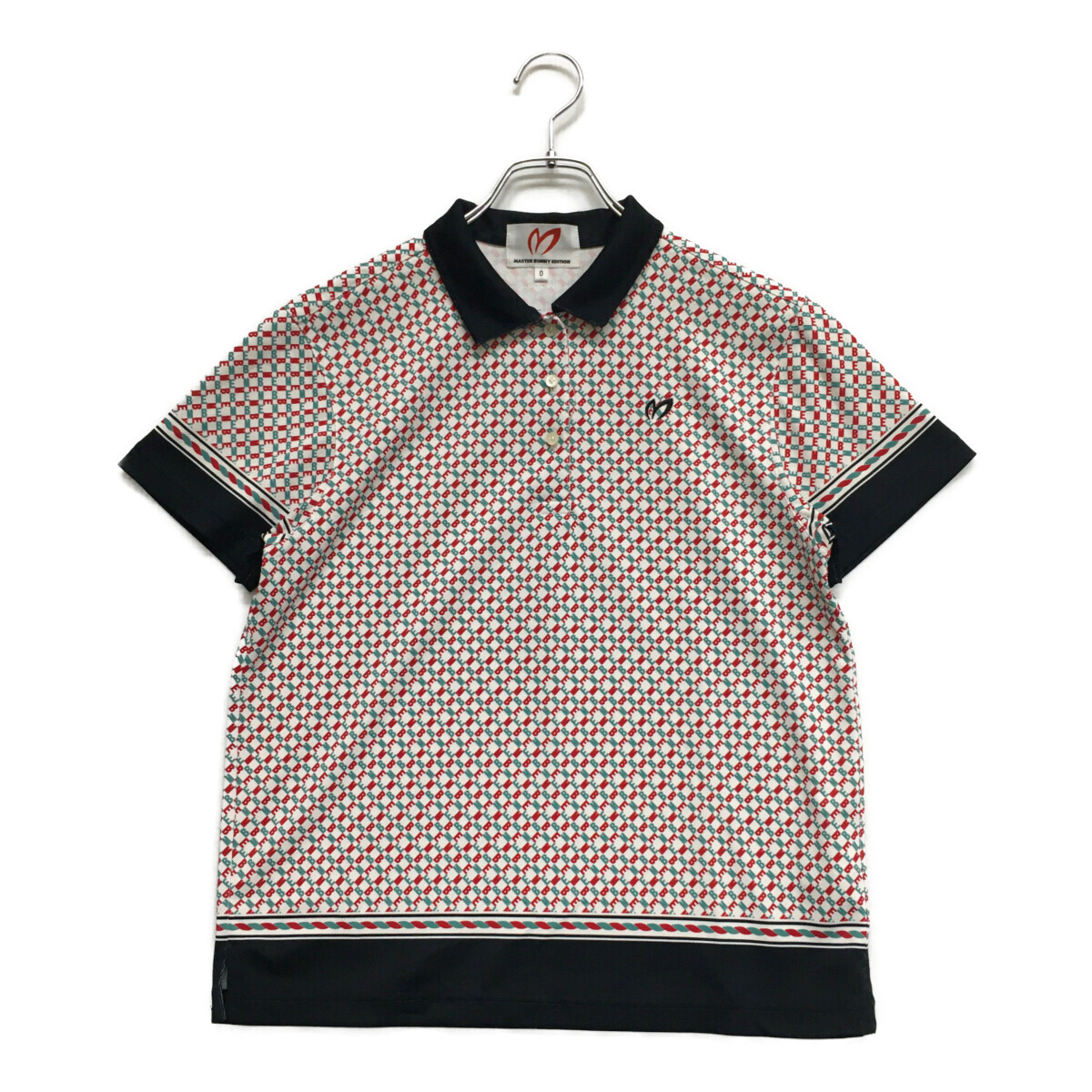 coco 中古【値下げ】 マスターバニーエディション レディース 半袖ポロシャツ 0(S) 白×赤×緑 総柄 メッシュ ネコパケ発送可 K2425拍卖