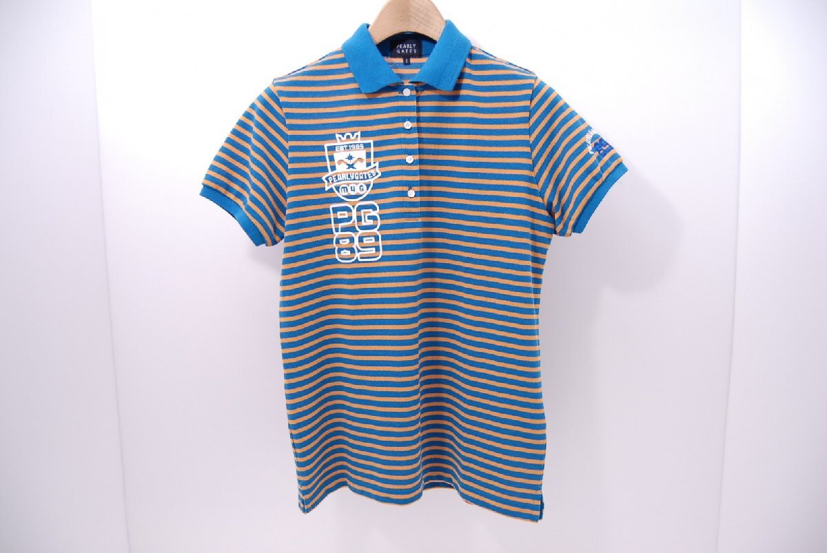 coco 中古【SALE】パーリーゲイツ PEARLY GATES レディース 半袖ポロシャツ 2(L) 青×オレンジ レターパックプラス発送可 54338拍卖