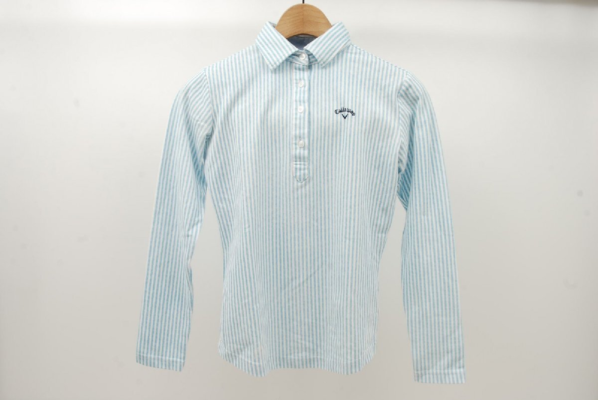 coco 中古【値下げ】 キャロウェイ Callaway レディース 長袖ポロシャツ S 水色×白 ストライプ レターパックプラス発送可 81341拍卖