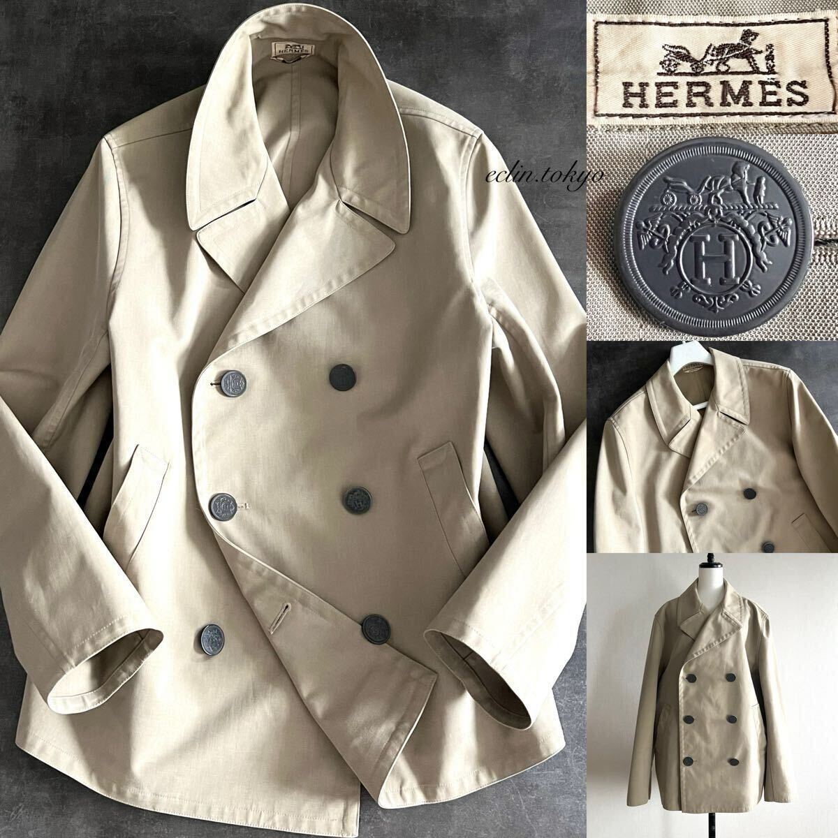 【E4658】HERMES エルメス《最高級!特大!エクスリブリス仕様》抜群シルエット 撥水コーティング トレンチコート 54 抜群にお洒落な逸品拍卖