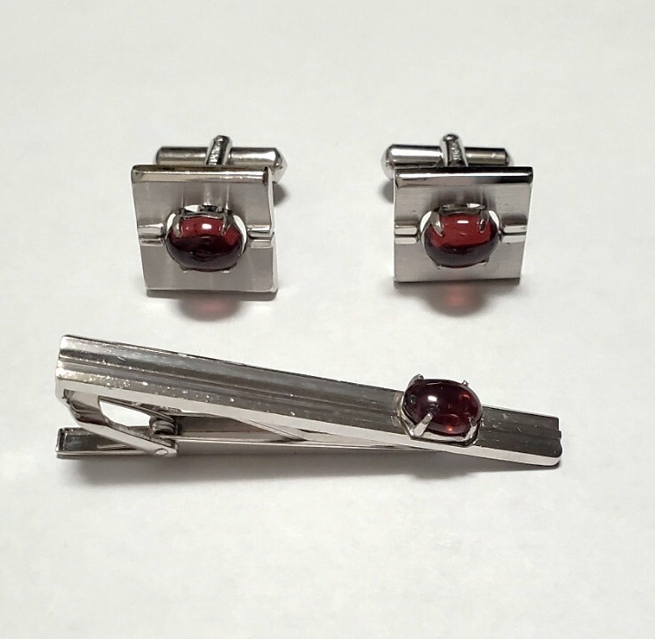 ガーネット カラーストーン カフスボタン&タイピン セット メンズ アクセサリー 15,4g 美品拍卖