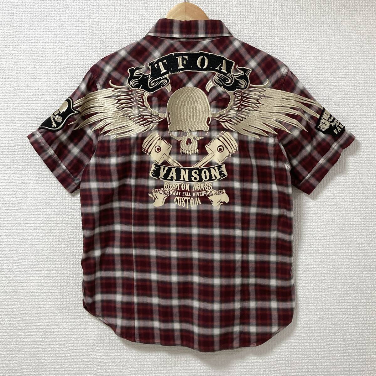 VANSON TFOA 武装戦線 スカル 刺繍 ワッペン オンブレ チェック 半袖 シャツ 赤系 Lサイズ ヴァンソン バンソン 5080010拍卖