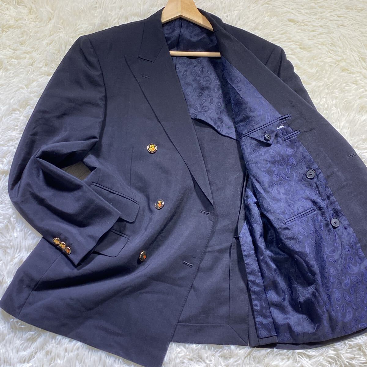 極美品/L相当◎Aquascutum アクアスキュータム ダブルブレスト テーラードジャケット ブレザー 黒 ブラック 総裏地 柄ボタン メンズ 拍卖
