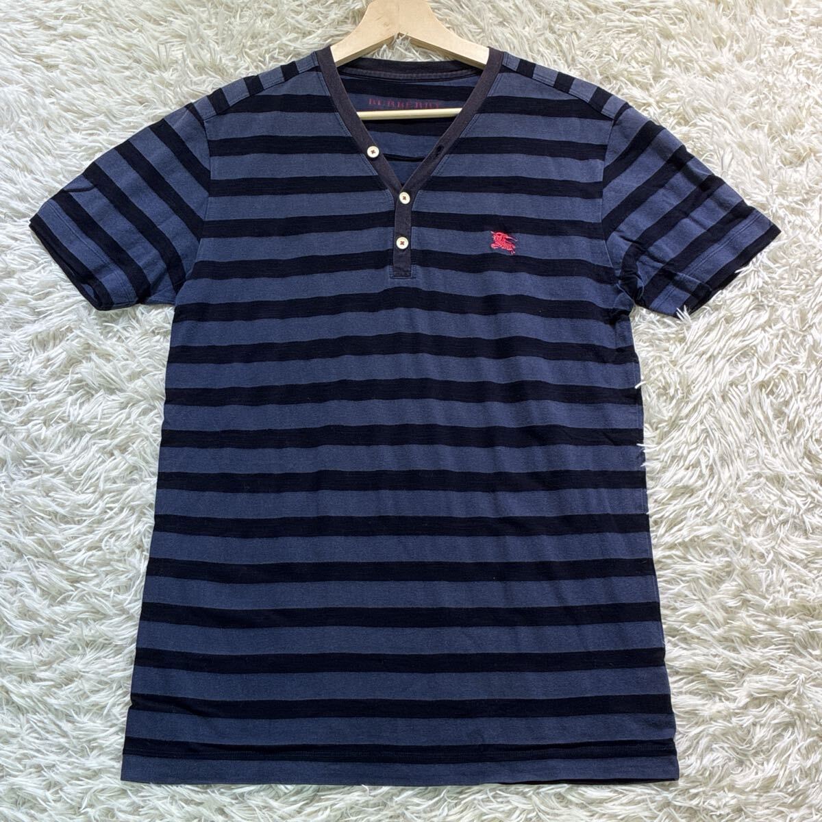 美品◎BURBERRY BLACK LABEL バーバリーブラックレーベル 半袖 ヘンリーネック Tシャツ ボーダー 青系 3/L メンズ トップス拍卖