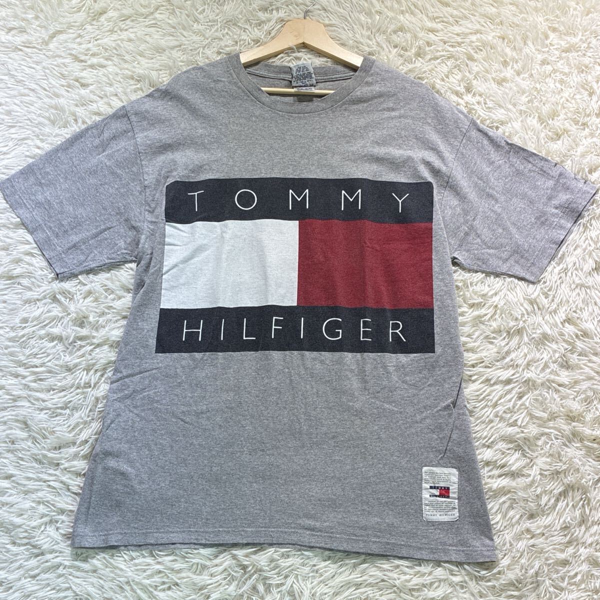 美品/XL相当◎TOMMY HILFIGER トミーヒルフィガー 半袖Tシャツ ロゴ プリント 男女兼用 大きいサイズ グレー 古着 USA製 アメリカ製拍卖