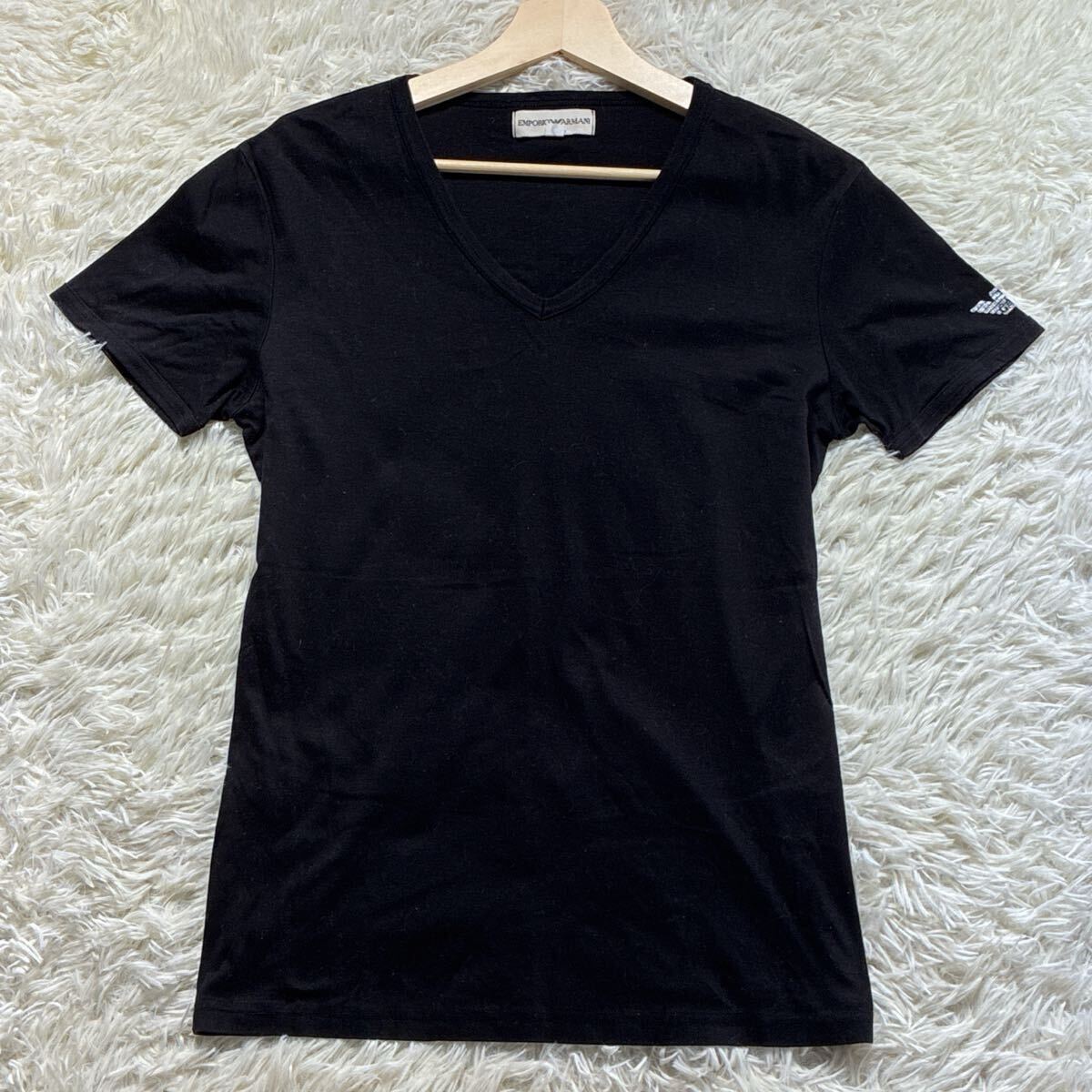 美品/Lサイズ◎EMPORIO ARMANI エンポリオアルマーニ 半袖 Tシャツ 黒 ブラック Vネック ラメロゴ コットン ストレッチ メンズ拍卖