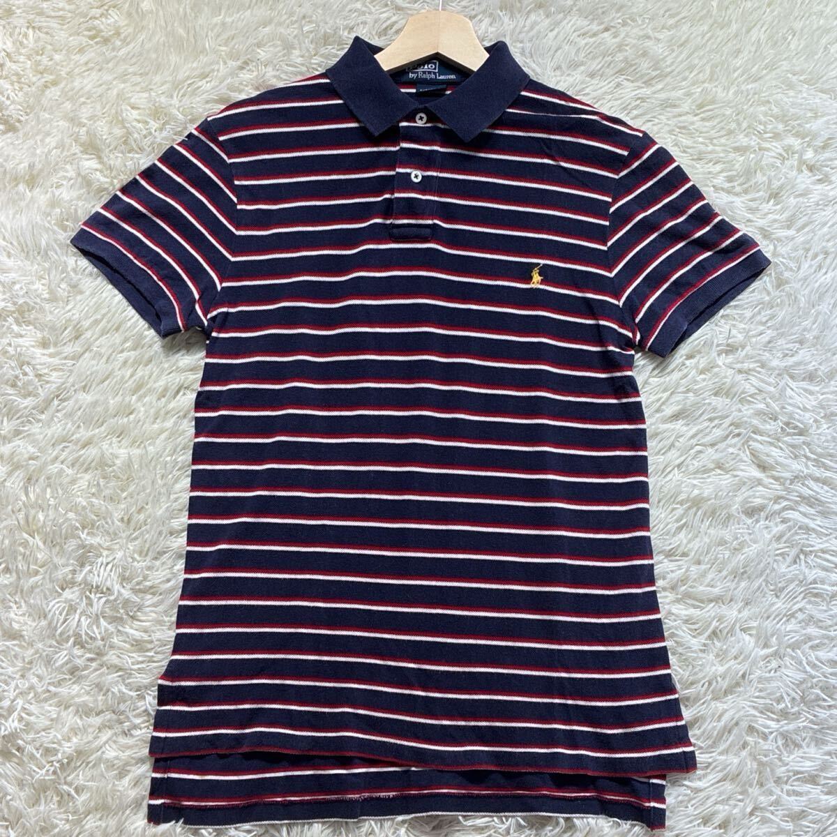 美品◎Polo by Ralph Lauren ポロ バイ ラルフローレン 半袖 ポロシャツ ボーダー ポニー刺繍 Mサイズ 鹿の子 赤 白 紺 CUSTOM FIT メンズ拍卖