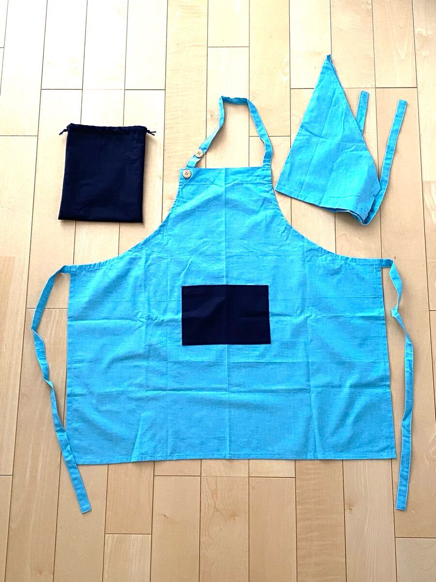 ハンドメイド★エプロン3点セット 140サイズ程 ブルー(043)展示品の為値下げ拍卖