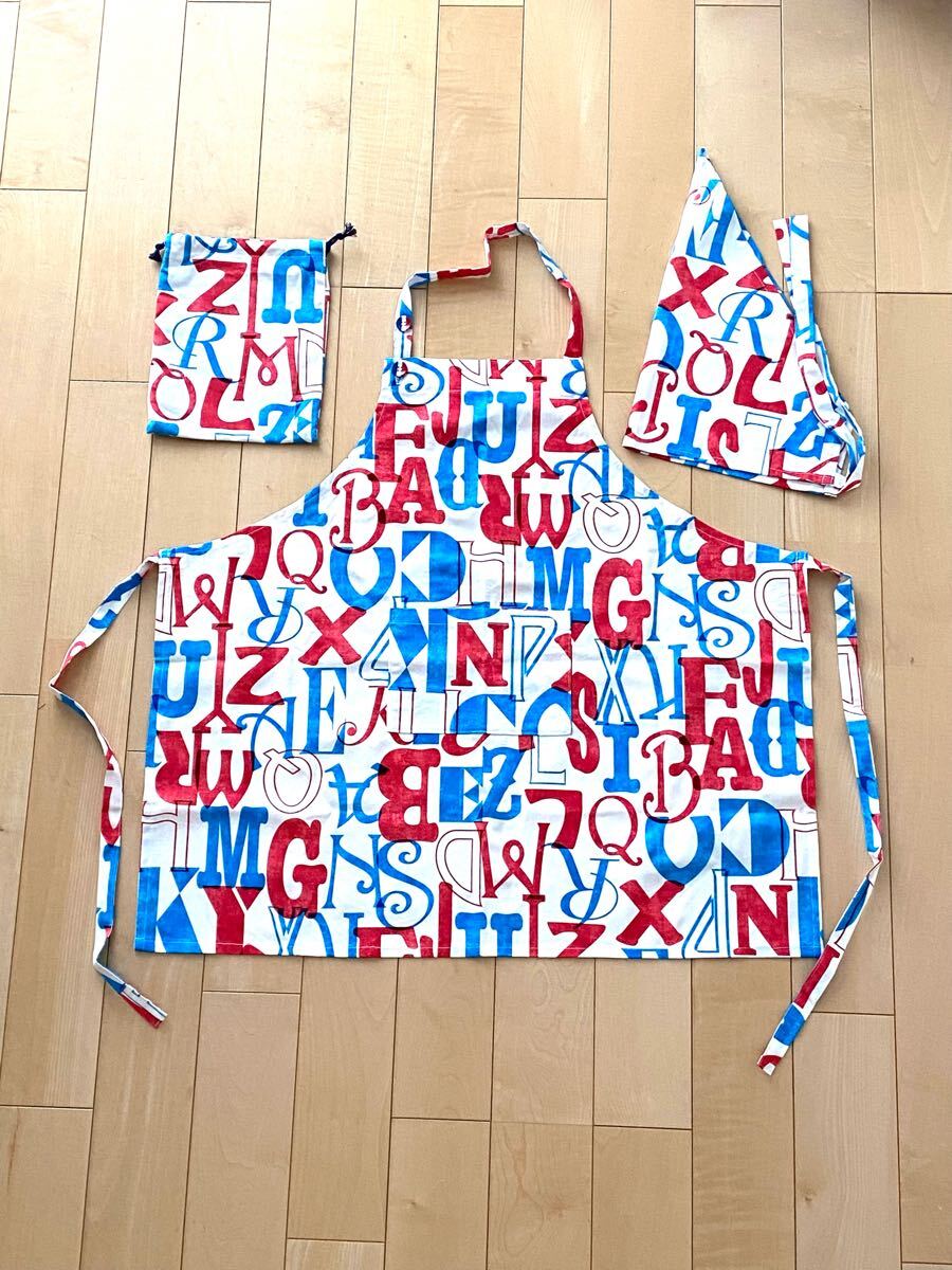 ハンドメイド★エプロン3点セット 140サイズ程 英字(473)展示品の為値下げ拍卖