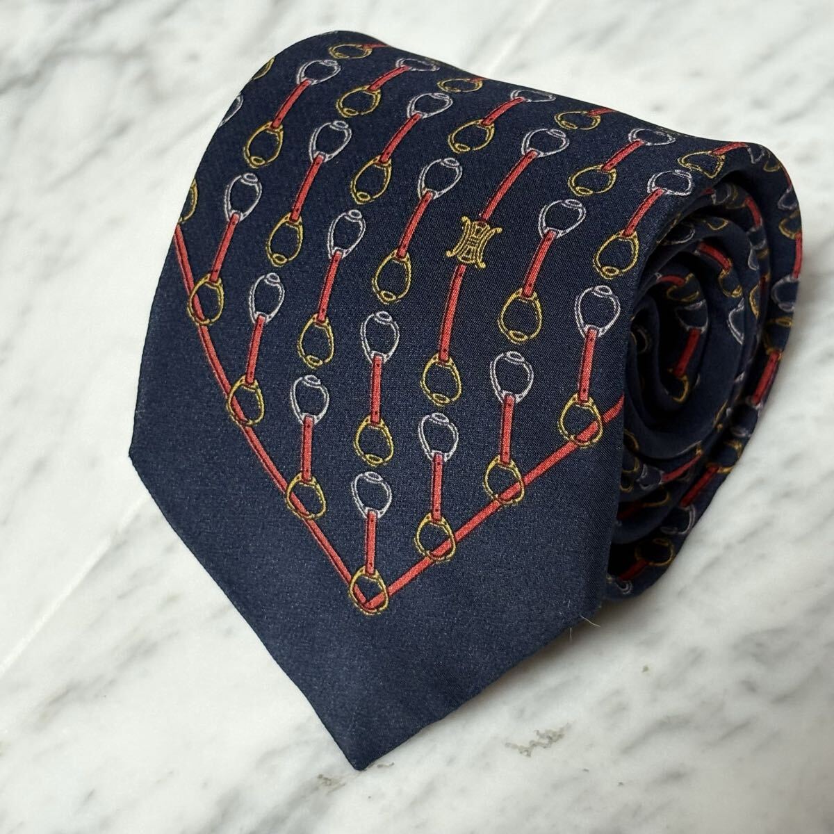 【未使用に近い】 999円~ CELINE ネクタイ ネイビー マカダム柄 ロゴ パターン柄 (B14)拍卖