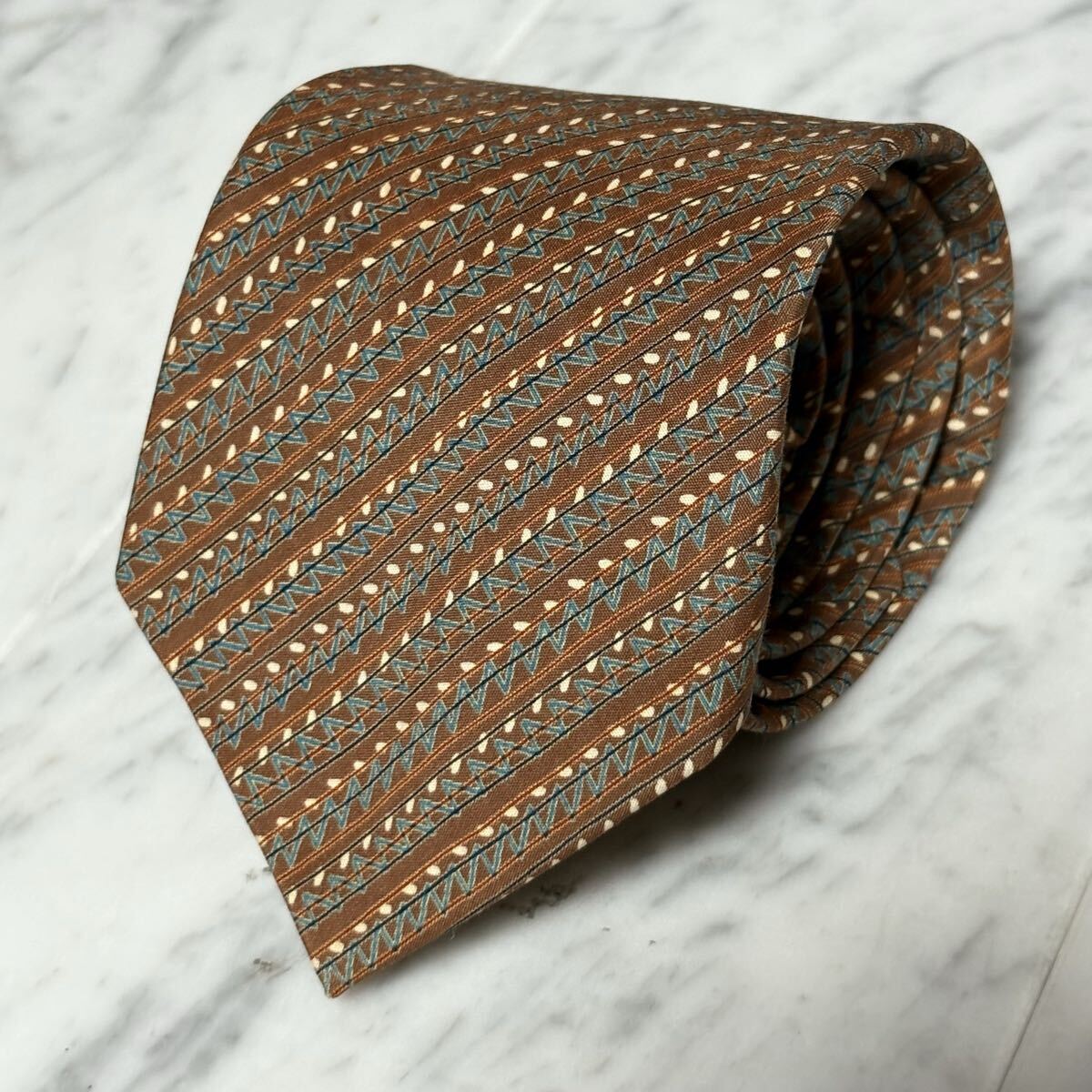 【美品】 999円~ Christian Dior ネクタイ ブラウン系 ストライプ (GREEN B6)拍卖