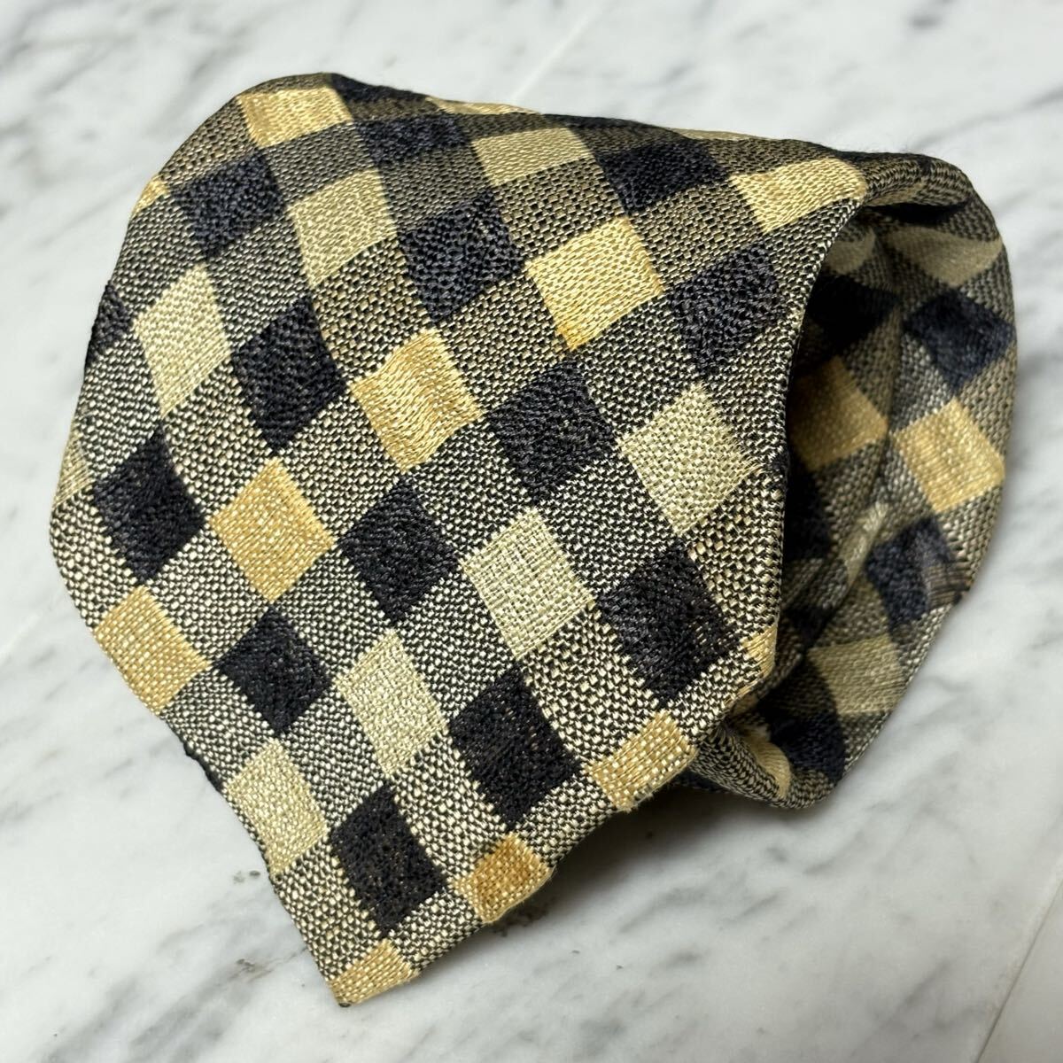 999円~ Paul Smith ネクタイ ネイビー ベージュ系 チェック柄 シワ加工 (B15)拍卖