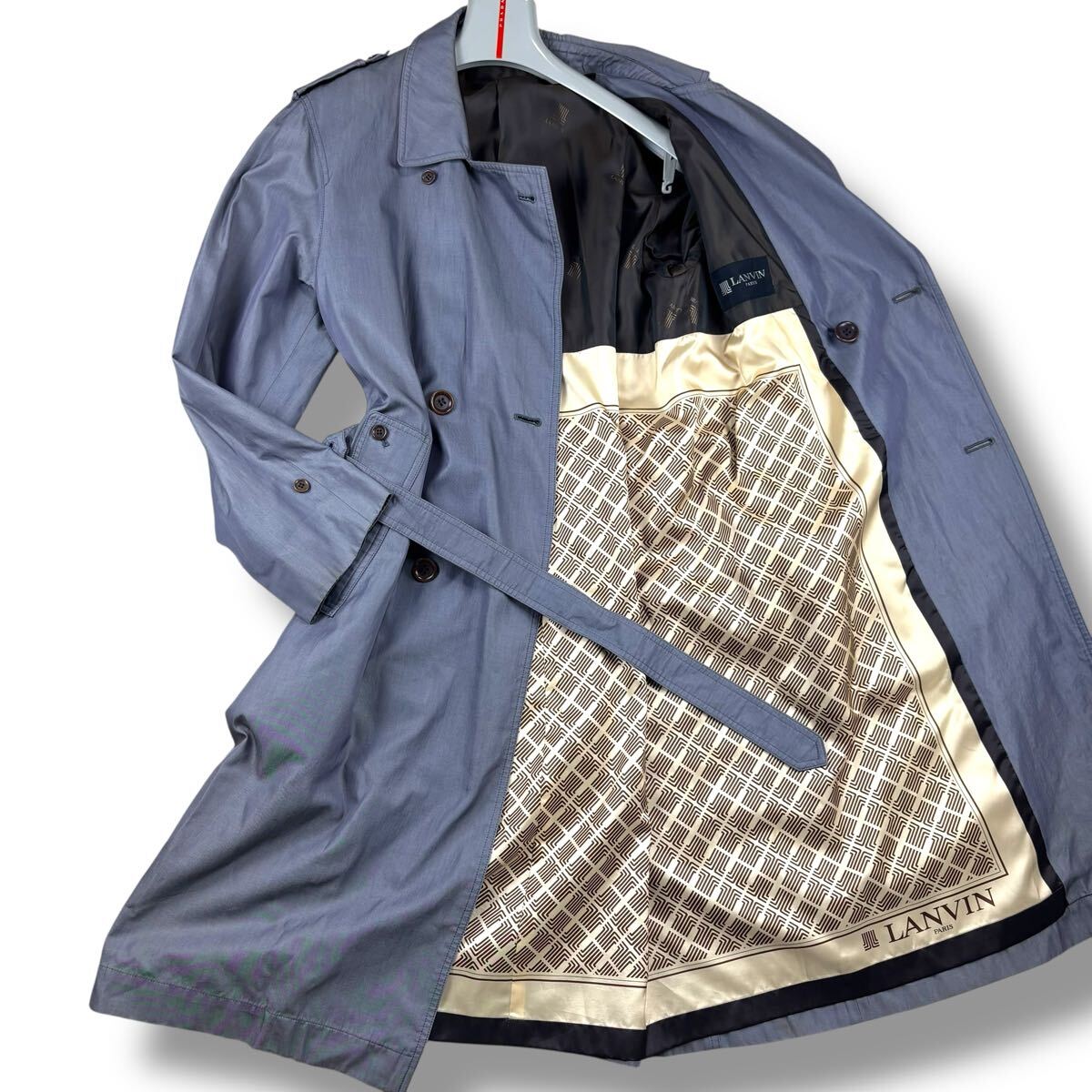 1円 美品 M~L ランバン LANVIN トレンチコート ロングコート ベルト付き 裏地ロゴ総柄 スプリングコート メンズ グレー系 48拍卖