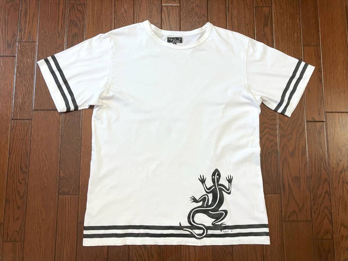 アニエスベー agnes b. トカゲ プリント Tシャツ XL 白 ホワイト 袖裾ライン 日本製拍卖