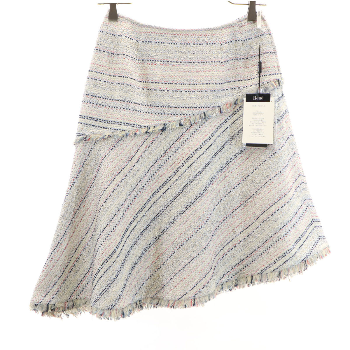未使用 Rene ルネ 日本製 ミディ丈 TISSUE社 ツイード アシメ フレアスカート 36 ホワイト レディース拍卖