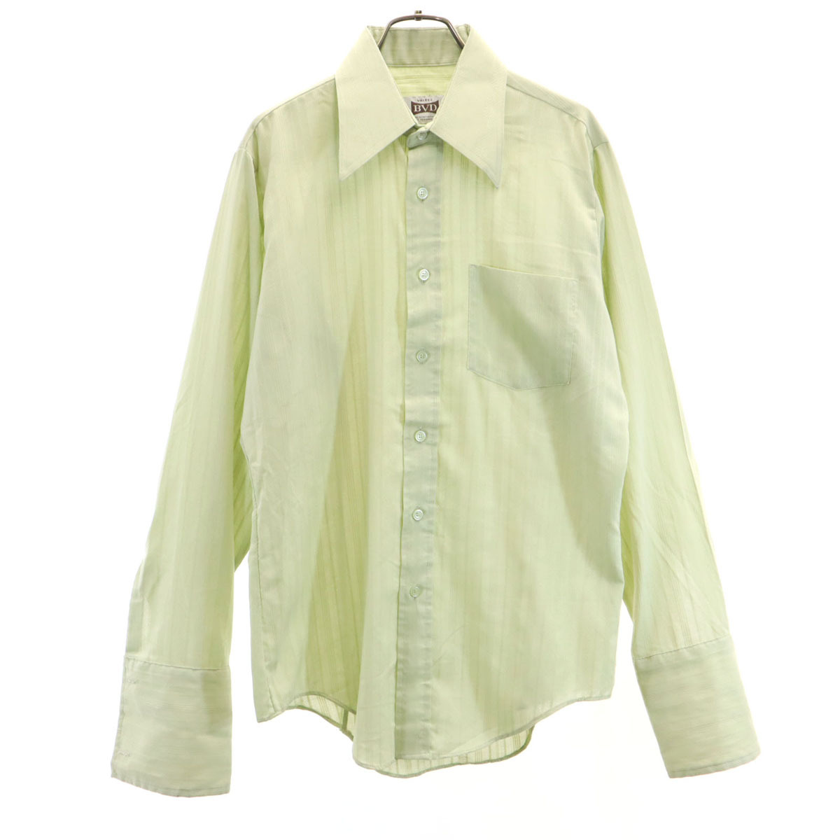 BVD 70s カナダ製 ヴィンテージ ストライプ柄 長袖 ダブルカフス シャツ 15 1/2 黄緑系 メンズ拍卖