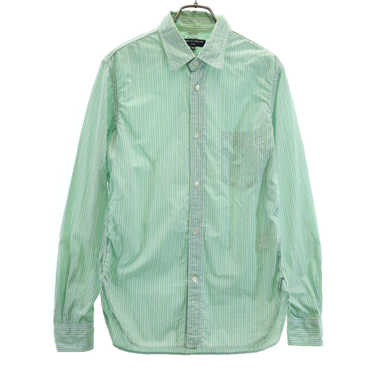 COMME des GARCONS HOMME コムデギャルソンオム 日本製 ストライプ柄 長袖 コットンシャツ XS グリーン メンズ拍卖