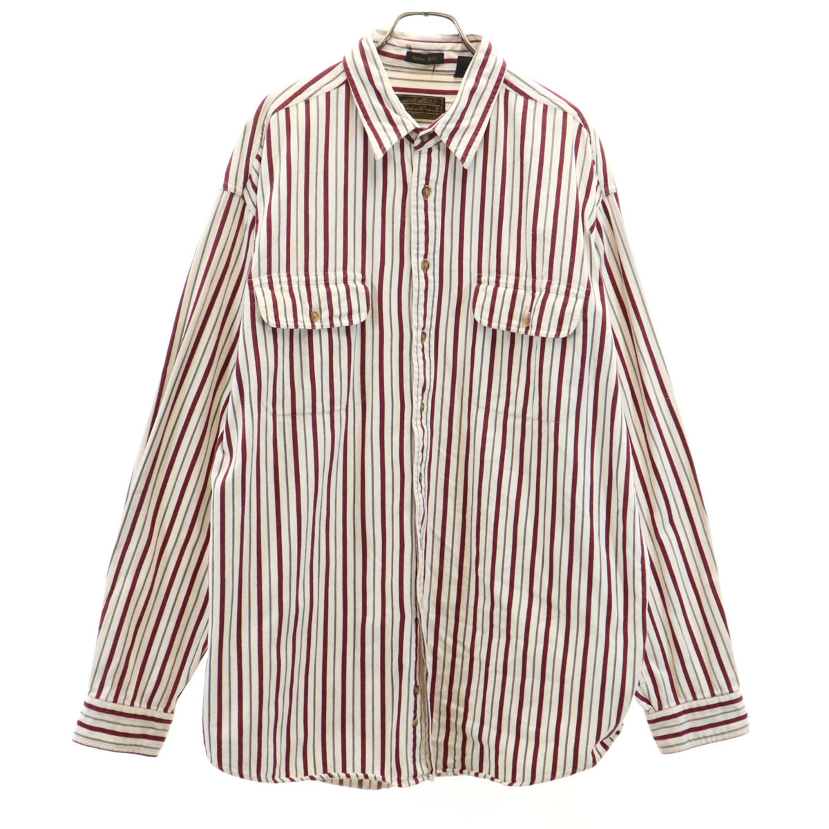 Eddie Bauer エディーバウアー 90s オールド 黒タグ ストライプ柄 長袖 コットンシャツ XL ホワイト アウトドア メンズ拍卖