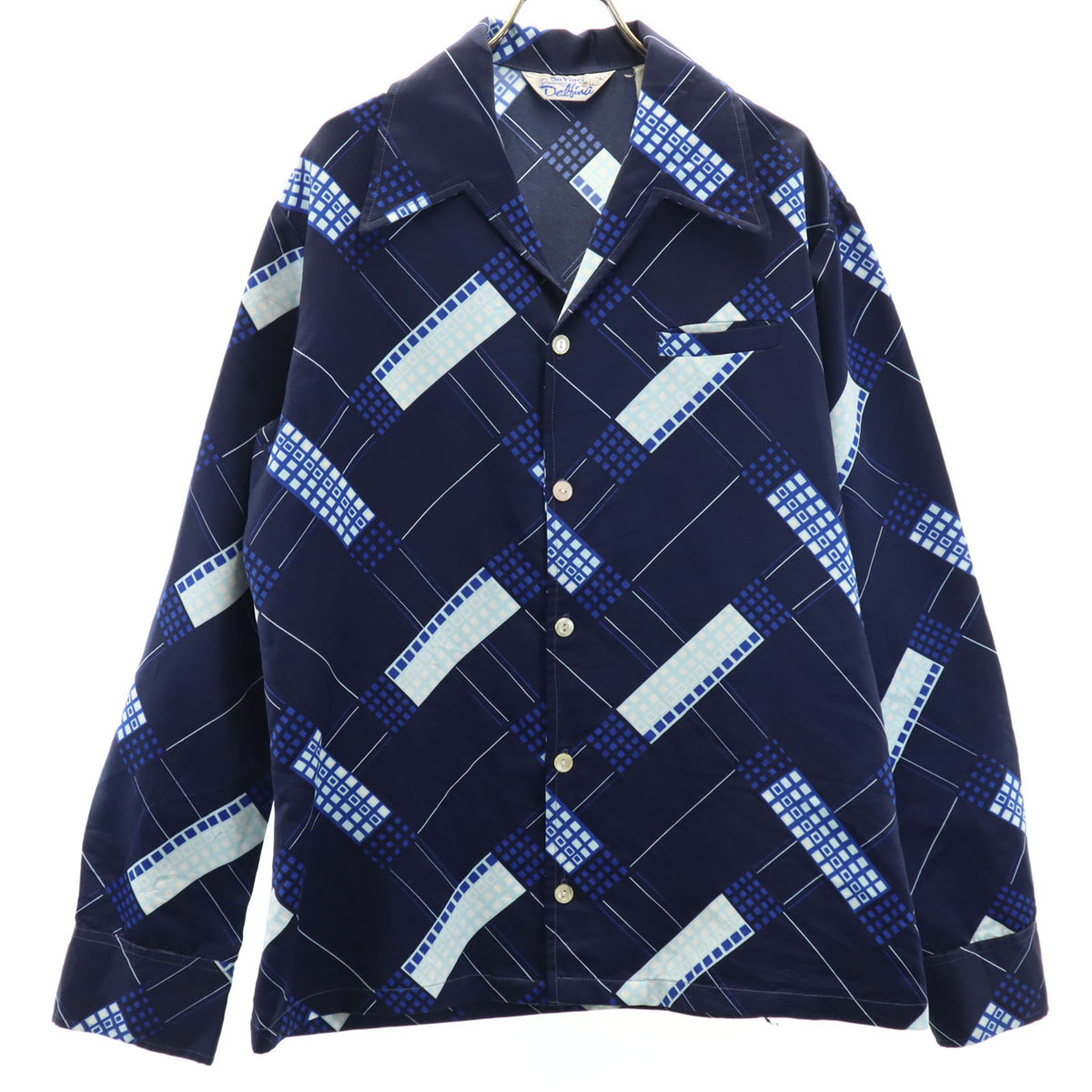 Da Vinci Delfina 70s ヴィンテージ 幾何学柄 長袖 オープンカラーシャツ L ネイビー メンズ拍卖