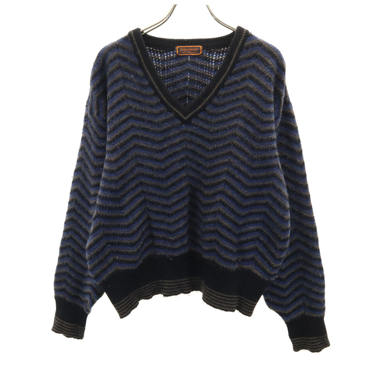 YVES SAINT LAURENT tricots イヴサンローラントリコット 90s ウール オールド 長袖 Vネック ニット L ネイビー系 pour homme レディース拍卖