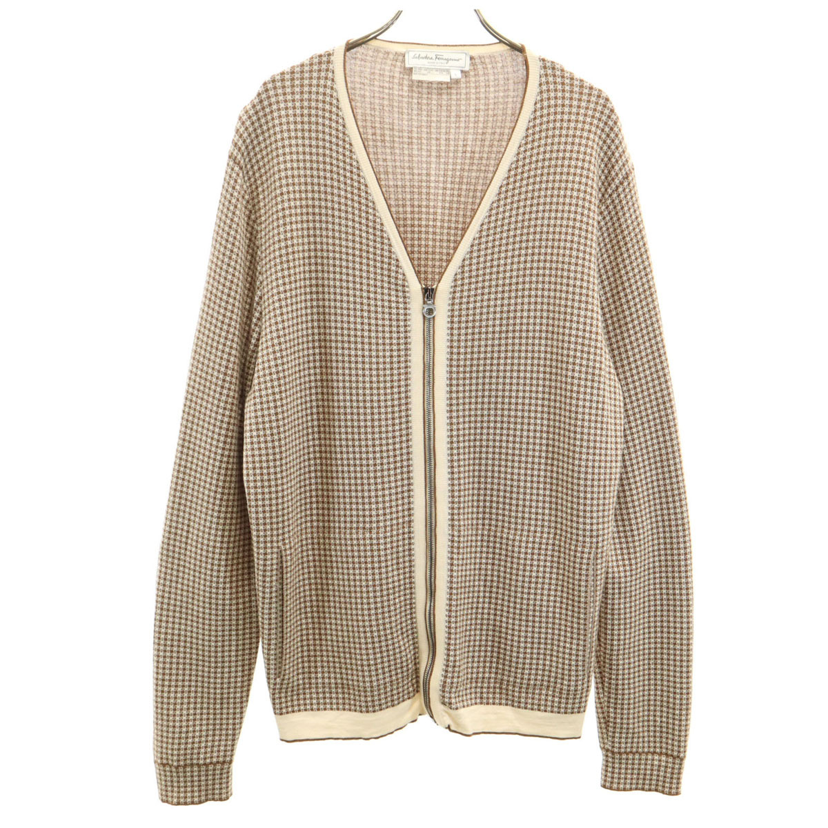 Salvatore Ferragamo サルヴァトーレフェラガモ イタリア製 シルクブレンド 総柄 長袖 フルジップ ニットカーディガン L ブラウン メンズ拍卖