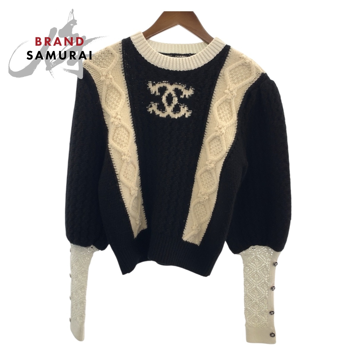 美品 CHANEL シャネル ココマーク サイズ34 ブラック ホワイト ウール P70976K10191 ニット カットソー セーター レディース 504596拍卖