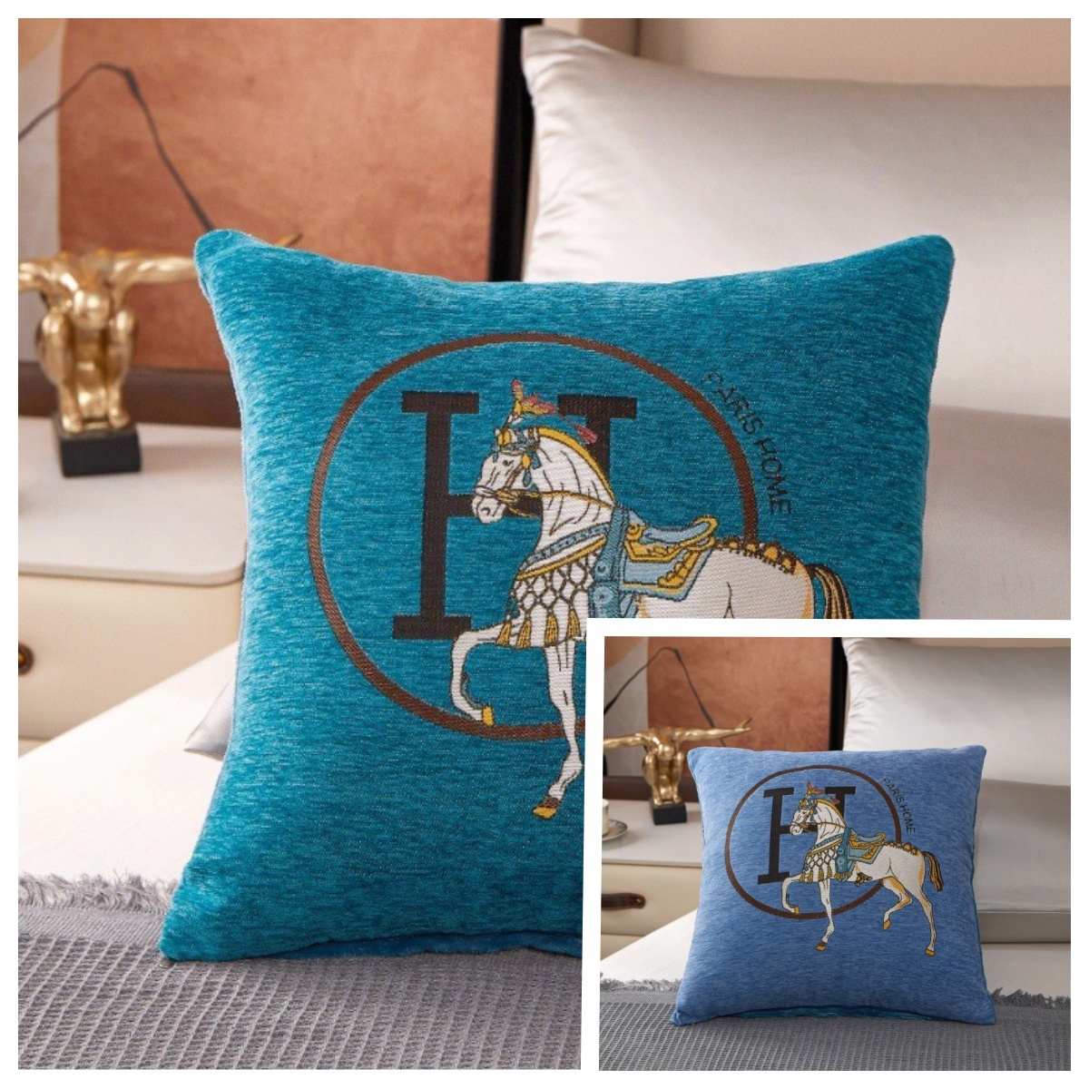 【YL-68】新品クッションカバー 45 ×45 ㎝ 刺繍 高級感 ターコイズブルー +ブルー 二枚セット拍卖